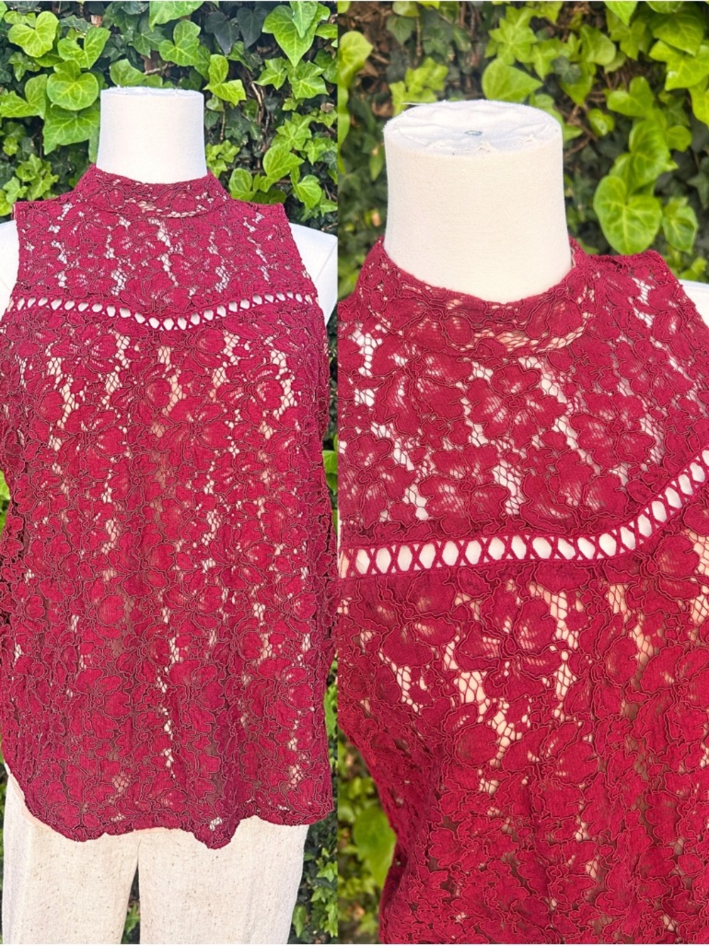 Fall Lace Top Burgundy Autumnal Floral Feminine Sleeveless Crochet High Neck
